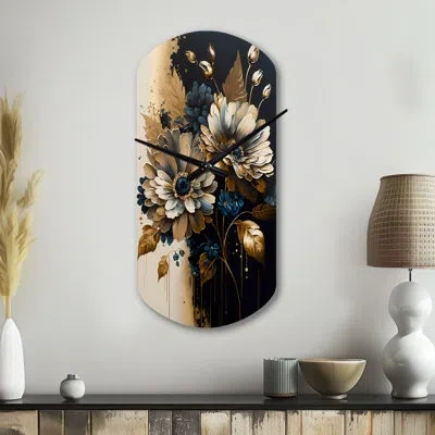 Design Art Blue And Gold Daisy Bunch Ii - Daisy Cylinder Metal Wall Clock, Traditional Asymmetrical Wall Clock  In Blue;gold