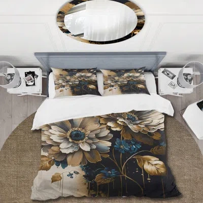 Design Art Blue And Gold Daisy Bunch Ii - Floral Daisy Duvet Cover Set - Microfiber Polyester In Blue;gold