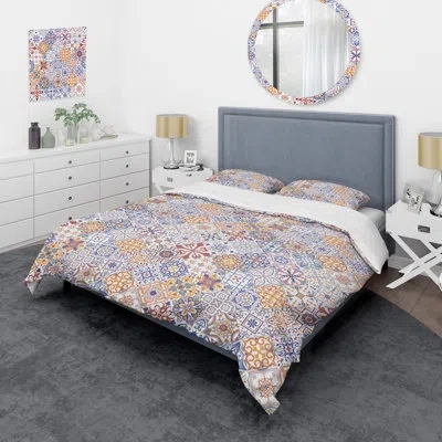 Design Art Blue And Gold Ethnic Patchwork - Abstract Duvet Cover Set - Microfiber Polyester In Blue;gold;multicolor