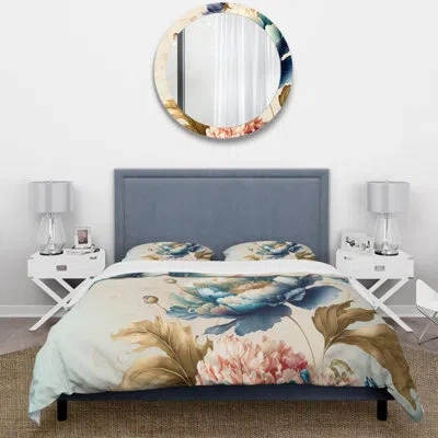 Design Art Blue And Gold Floral Bunch I - Floral Duvet Cover Set - Microfiber Polyester In Blue;orange