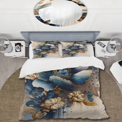 Design Art Blue And Gold Floral Bunch Iii - Floral Duvet Cover Set - Microfiber Polyester In Blue;gold