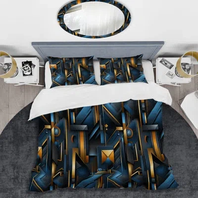 Design Art Blue And Gold Futuristic Vibes Geometric - Geometric Duvet Cover Set - Microfiber Polyester In Gray;gold