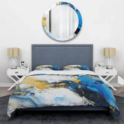 Design Art Blue And Gold Luxury Abstract Fluid Art Iv - Fractals Duvet Cover Set In Blue;gold