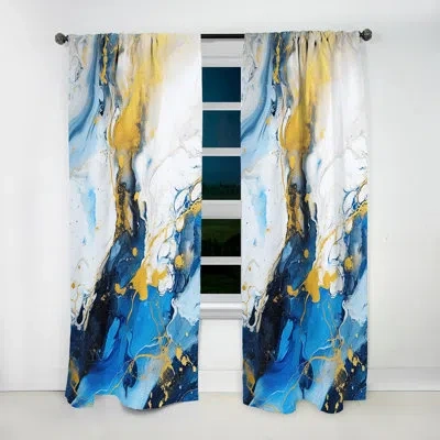 Design Art Blue And Gold Luxury Abstract Fluid Art Iv - Modern Velvet Curtain - Room Darkening - 1 Panel In Blue;gold