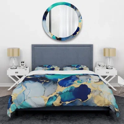 Design Art Blue And Gold Luxury Abstract Fluid Art X Microfiber / Polyester Duvet Cover Setmicrofiber / Polyest In Blue;gold