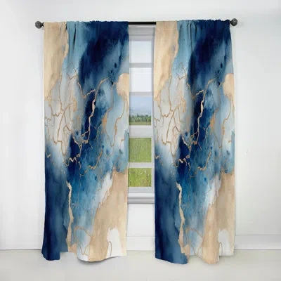 Design Art Blue And Gold Marble Clouds Viii - Fractals Blackout Abstract Curtain - 1 Panel In Blue;gold