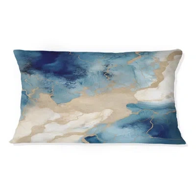 Design Art Blue And Gold Marble Clouds Xi - Fractals Printed Throw Pillow In Blue;gold