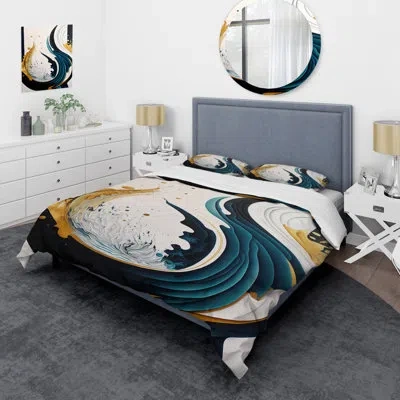 Design Art Blue And Gold Modern Art Abstract Painting Vi Beddingmicrofiber / Polyester Duvet Cover Set In Blue;gold