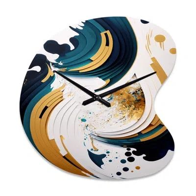 Design Art Blue And Gold Modern Art Abstract Painting Vii - Unique Shape Abstract Metal Wall Clock, Asymmetrica In Blue;gold