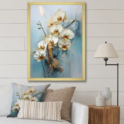 Design Art Blue And Gold Orchid Bloom On Canvas Print In Gold Single Picture Framed