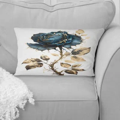 Design Art Blue And Gold Painted Rose On White I - Rose Printed Throw Pillow