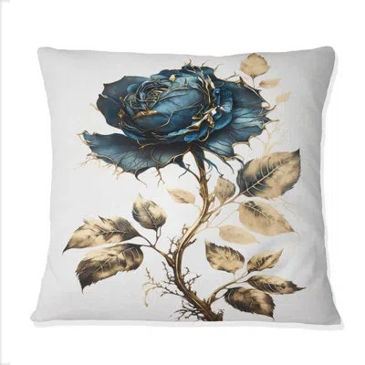 Design Art Blue And Gold Painted Rose On White I - Rose Printed Throw Pillow
