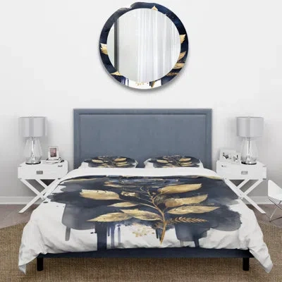 Design Art Blue And Gold Painted Rose On White Iii - Floral Rose Duvet Cover Set - Microfiber Polyester