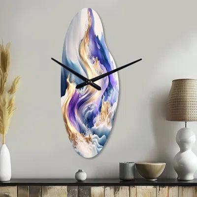 Design Art Blue And Gold Splash Paint Iii - Abstract Spirals Asymmetrical Metal Clocks, Blue Curved Metal Wall  In Blue;gold
