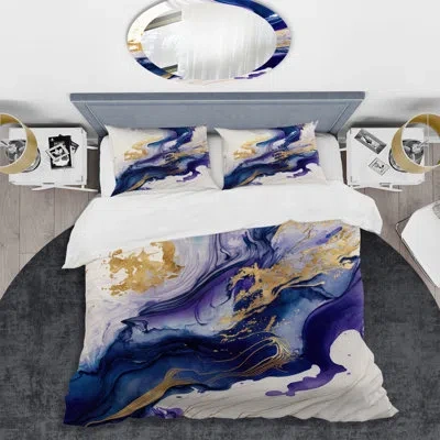 Design Art Blue And Gold Splash Paint Iv - Modern Spiral Duvet Cover Set - Microfiber Polyester In Blue;gold