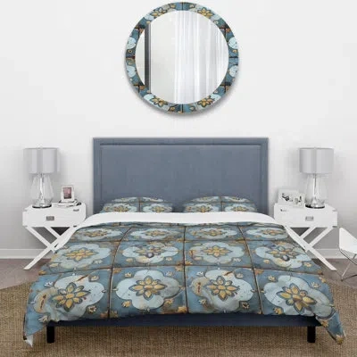 Design Art Blue And Gold Vintage Floral Tiles Charm I - Floral Duvet Cover Set In Blue;gold