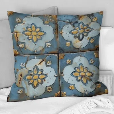 Design Art Blue And Gold Vintage Floral Tiles Charm I - Floral Pillow In Blue;gold