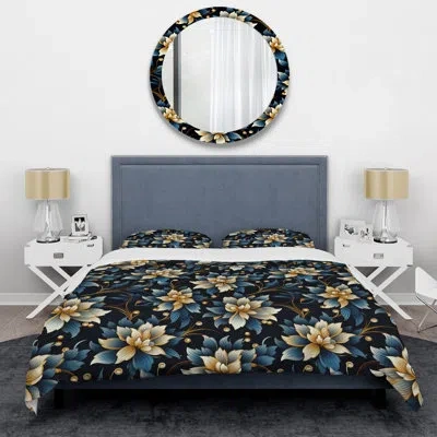 Design Art Blue And Golden Luxury Flower Pattern Ii- Marble Duvet Cover Set - Microfiber Polyester In Blue;black