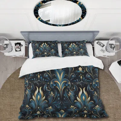Design Art Blue And Golden Luxury Flower Pattern Iii - Ikat Duvet Cover Set - Microfiber Polyester In Blue;gold