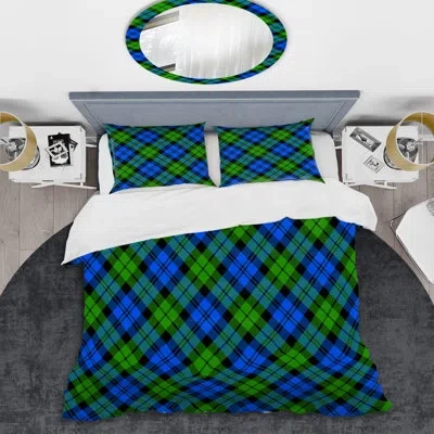 Design Art Blue And Green Checked Tartan - Abstract Duvet Cover Set - Microfiber Polyester In Green,blue