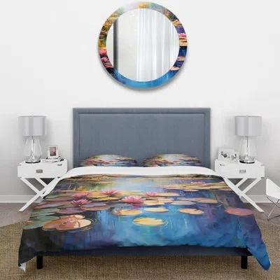 Design Art Blue And Green Monets Lake Reflections 2 - Lake Duvet Cover Set In Blue;yellow