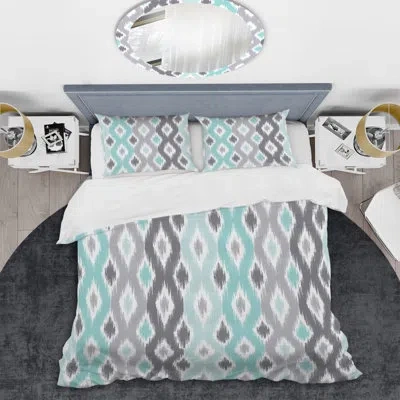 Design Art Blue And Grey Ikat Ogee Duvet Cover Set In Gray,white,turquoise