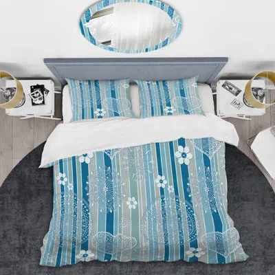 Design Art Blue And Grey Striped Pattern - Abstract Duvet Cover Set - Microfiber Polyester