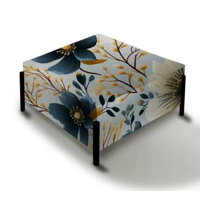 Design Art Blue & Ivory Coastal Elegance Floral Pattern - Floral Large Square Ottoman In Beige;teal