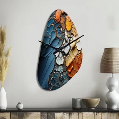 Design Art Blue And Orange Fluid Movements - Abstract Shapes Asymmetrical Metal Clock, Modern Freeform Wall Clo