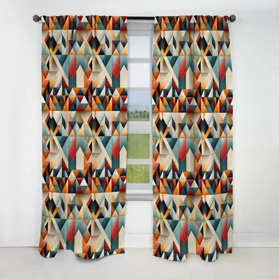 Design Art Blue And Orange Geo Haze Ii - Abstract Curtain - Blackout Geometric Shapes Curtain - 1 Panels In Green;red