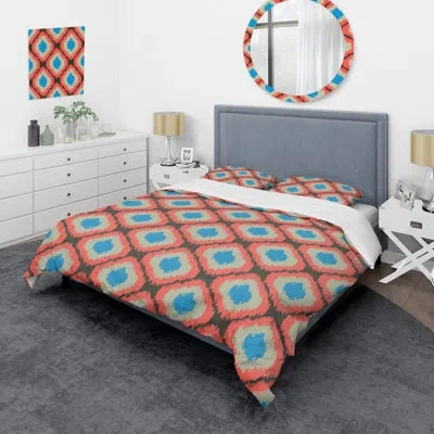 Design Art Blue And Orange Ikat Ogee - Abstract Duvet Cover Set - Microfiber Polyester In Orange,blue,black