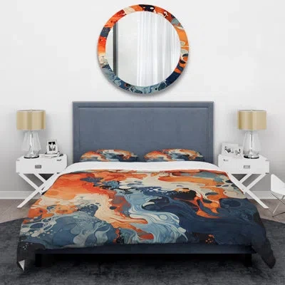 Design Art Blue And Orange Liquid Ink Waves Ii - Abstract Painting Duvet Cover Set In Blue;orange