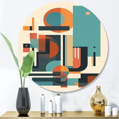 Design Art Blue And Orange Minimalistic Symphony Iii - Abstract Minimalism Round Wall Art On Metal In Blue;orange