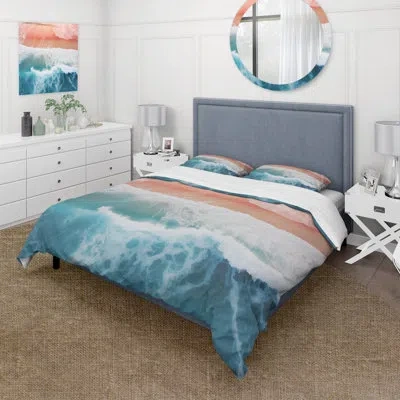 Design Art Blue And Pink Beach Aerial View I - Coastal Beach Duvet Cover Set