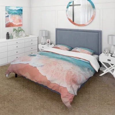 Design Art Blue And Pink Beach Aerial View Ii - Coastal Beach Duvet Cover Set