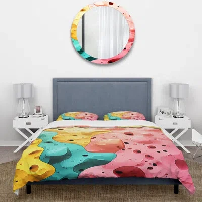 Design Art Blue And Pink Cubist Marine Exploration Ii - Coral Duvet Cover Set In Yellow;pink