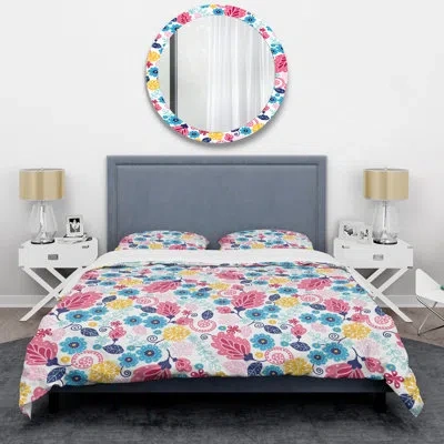 Design Art Blue And Pink Flower - Cabin & Lodge Duvet Cover Set In Blue,pink,white