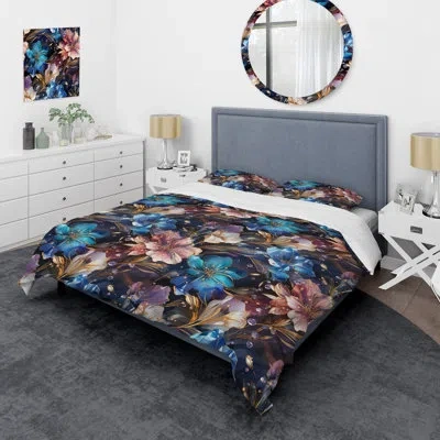 Design Art Blue And Pink Opulent Crystal Flowers - Glam Duvet Cover Set In Blue;pink