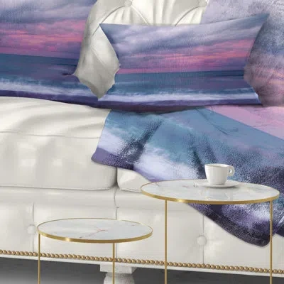 Design Art Blue And Pink Unset Over Sea - Sea & Shore Printed Throw Pillow