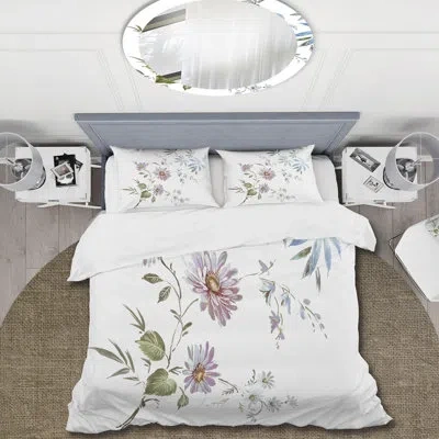 Design Art Blue And Pink Wildflowers I - Traditional Duvet Cover Set - Microfiber Polyester In Purple