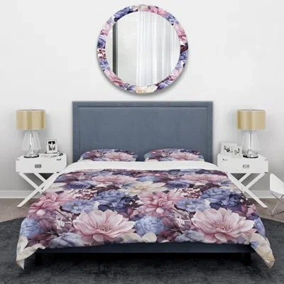 Design Art Blue And Purple Blooming Chrysanthemum Flowers I - Floral Duvet Cover Set - Microfiber Polyester In Blue;beige;purple