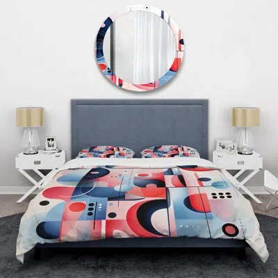 Design Art Blue And Red Mid Century Form - Abstract Duvet Cover Set In Blue;pink
