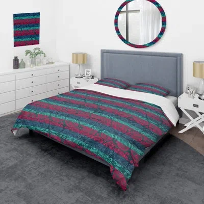 Design Art Blue And Red Striped Paisley - Abstract Duvet Cover Set - Microfiber Polyester In Blue,red