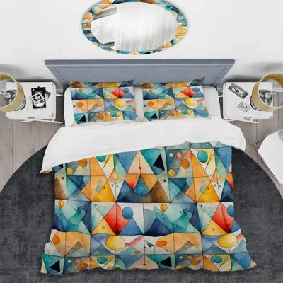 Design Art Blue And Red Watercolor Triangle Blaze - Geometric Duvet Cover Set In Blue;red