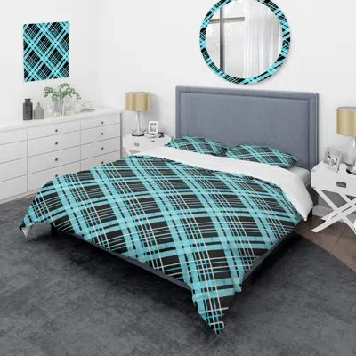 Design Art Blue And White Checked Tartan - Abstract Duvet Cover Set - Microfiber Polyester In Teal,black