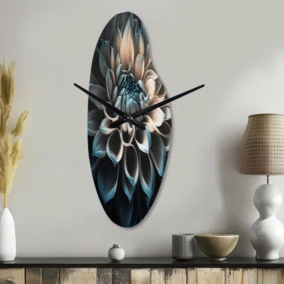 Design Art Blue And White Dahlia Flowers Iii - Asymmetrical Dahlia Metal Wall Clock, Curved Wall Clock Print In Blue;white
