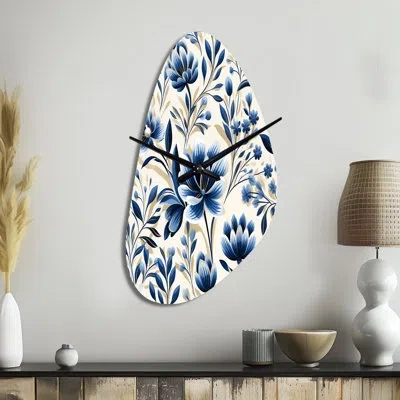 Design Art Blue And White Damask Flower - Irregular Shape Floral Metal Wall Clock, No Wall Clock Print