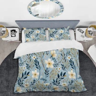Design Art Blue & White Essence Petals Blooms Floral Pattern - Floral Duvet Cover Set