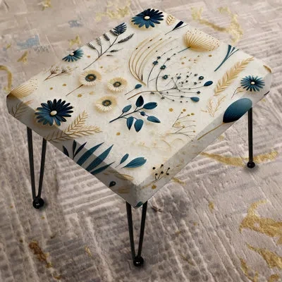 Design Art Blue And White Ferns Minimalism Boho Pattern Ii - Floral Rectangle Ottoman In Blue;white