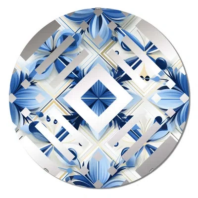 Design Art Blue And White Lattices Floral Tiles - Diamond Decorative Mirror In Blue;white